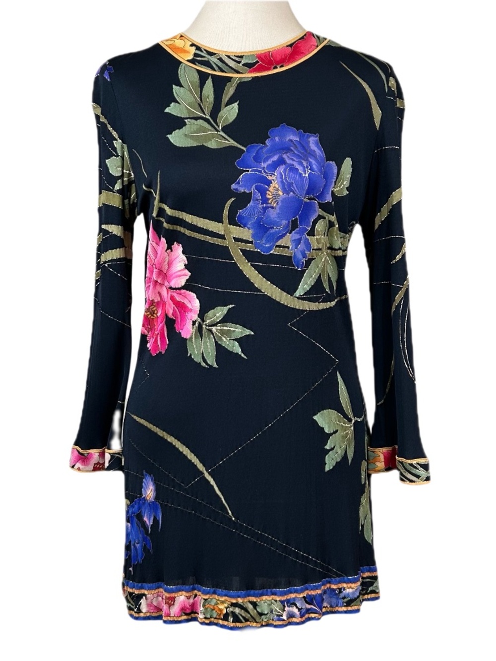 Leonard Paris Vintage Floral 100% Silk Long Sleeve Dress Size L